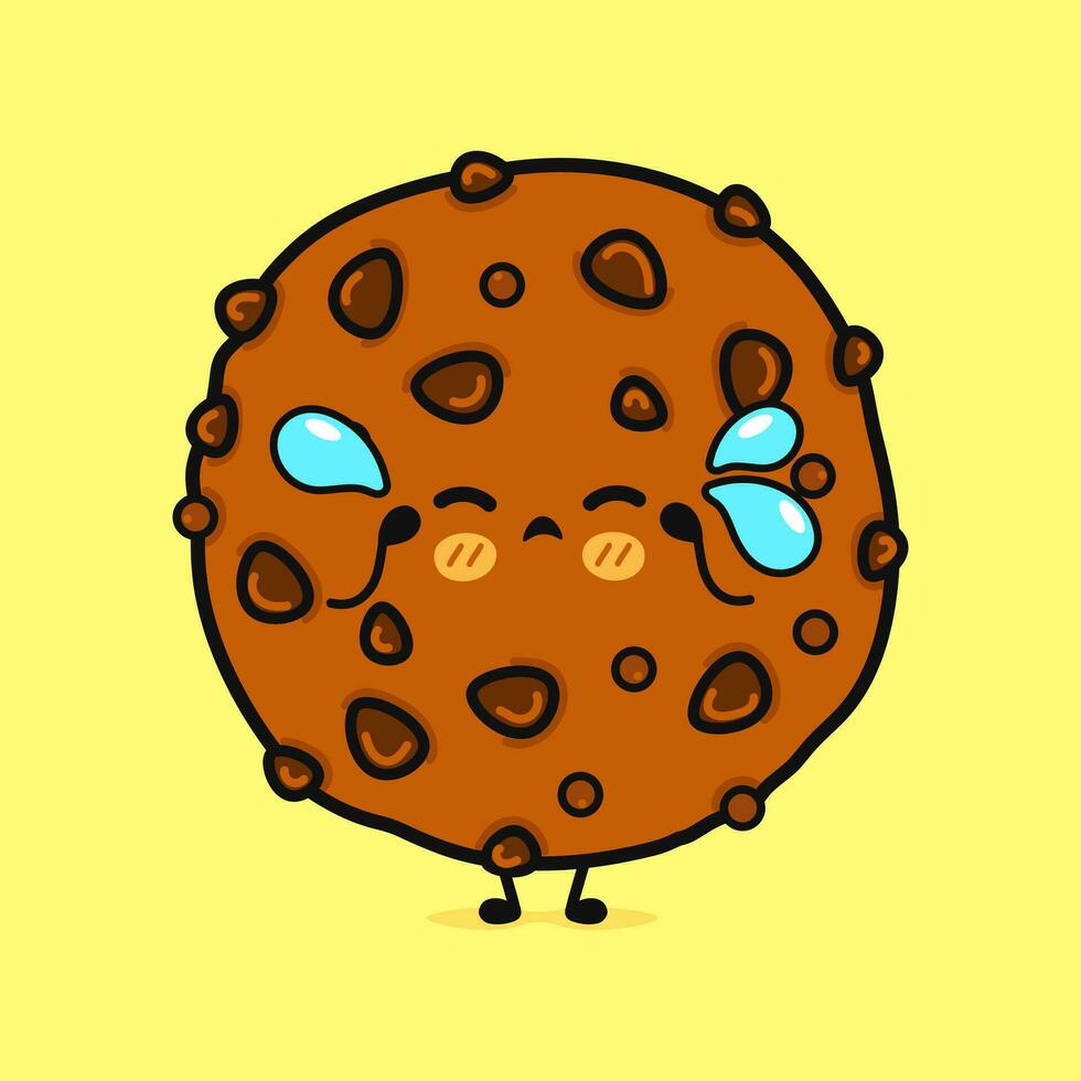 huilen chocola koekjes karakter. vector hand- getrokken tekenfilm kawaii karakter illustratie icoon. geïsoleerd Aan geel achtergrond. verdrietig chocola koekjes karakter concept