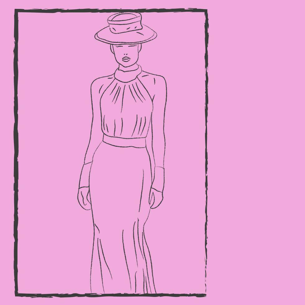 vrouw vervelend een modieus jurk en hoed vector of kleur illustratie