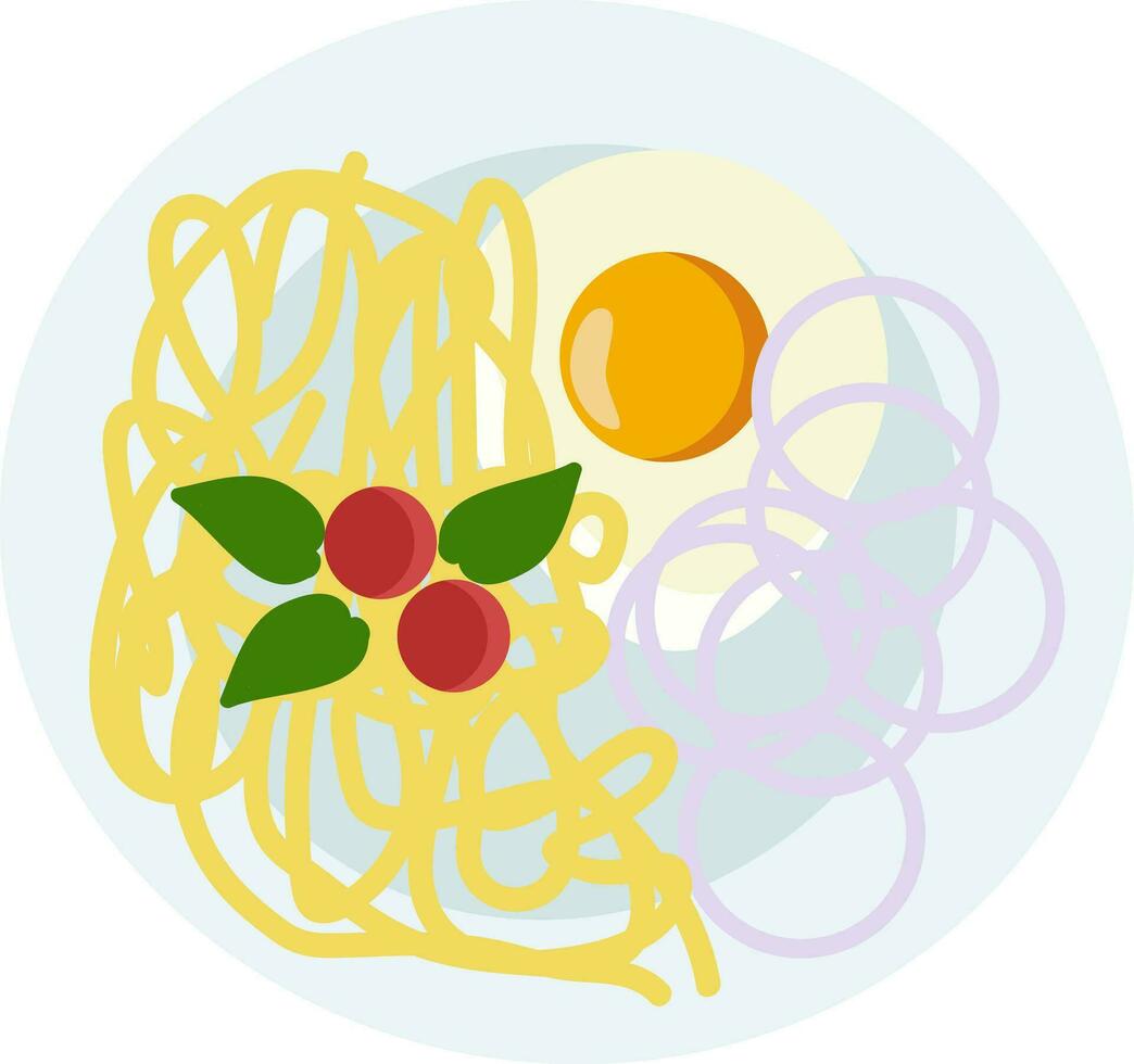 een bord van Italiaans spaghetti met tomaat en zonnig kant omhoog ei vector kleur tekening of illustratie