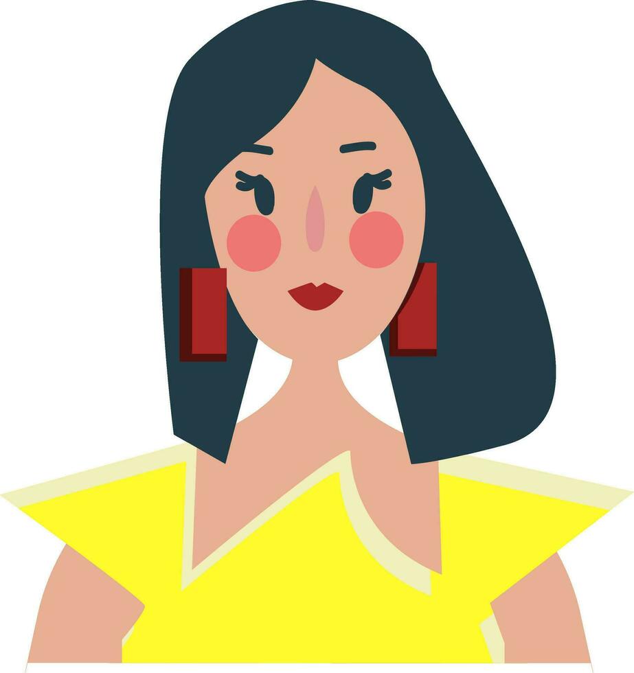 een jong dame vervelend een elegant geel kleding en rood plein oorbellen vector kleur tekening of illustratie