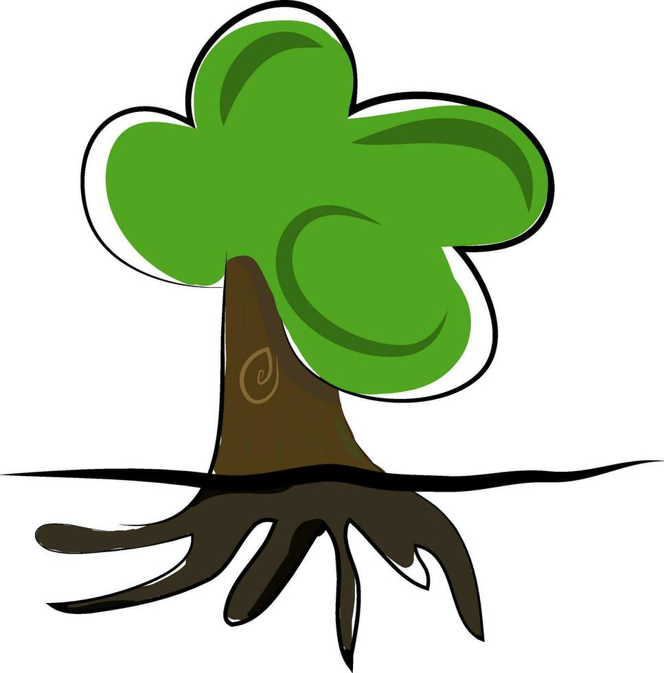 clip art van een groot boom met groen bladeren en verankerd wortels vector kleur tekening of illustratie