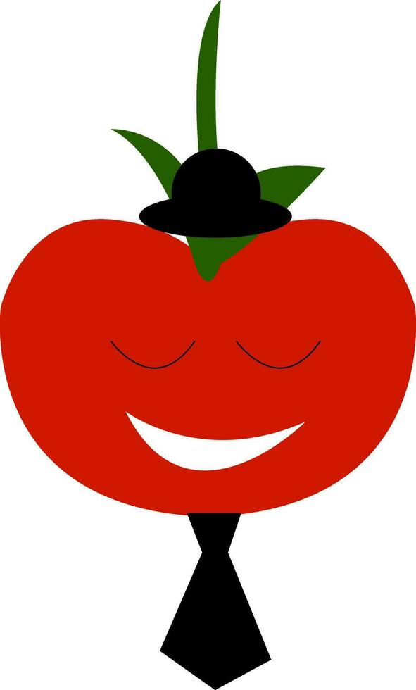 een rood tomaat is heel gelukkig vervelend een zwart stropdas en een hoed vector kleur tekening of illustratie
