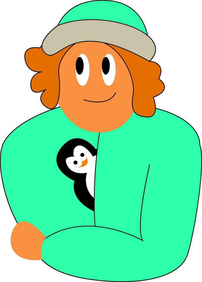 een meisje vervelend een mooi groen hoed jasje en een schattig pinguïn piepen uit van haar overhemd vector kleur tekening of illustratie