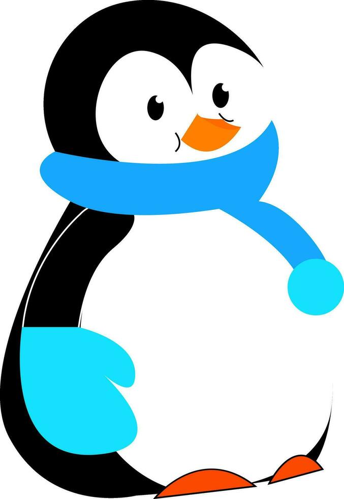 een schattig pinguïn in winter kleren vervelend blauw sjaal en hand- handschoenen vector kleur tekening of illustratie