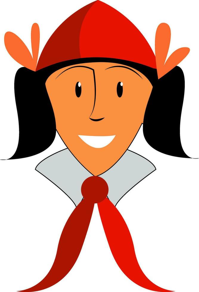 een meisje gekleed in pionier kostuum met rood hoofd pet en leng nek lint vector kleur tekening of illustratie