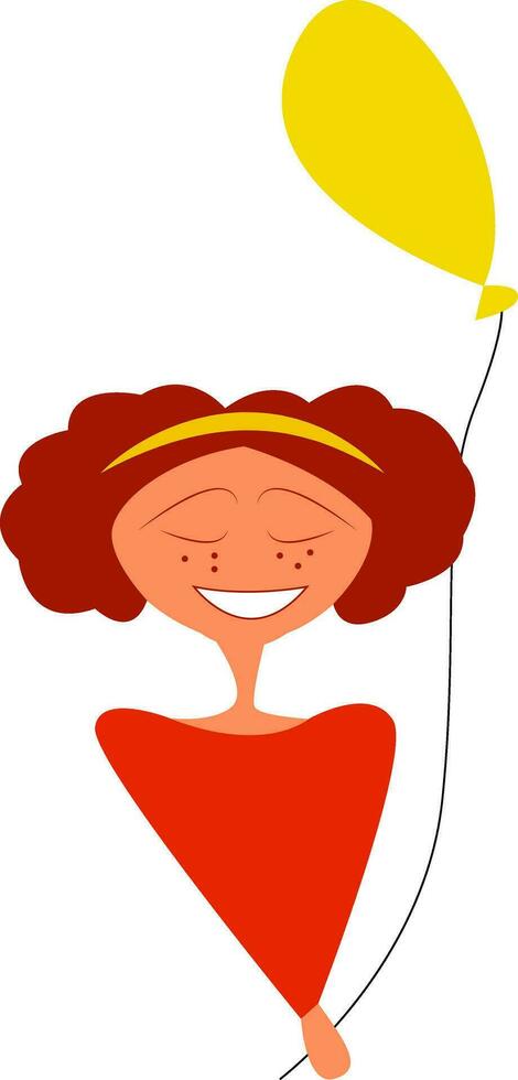 een meisje gekleed in mooi rood jurk en Holding een geel ballon vector kleur tekening of illustratie
