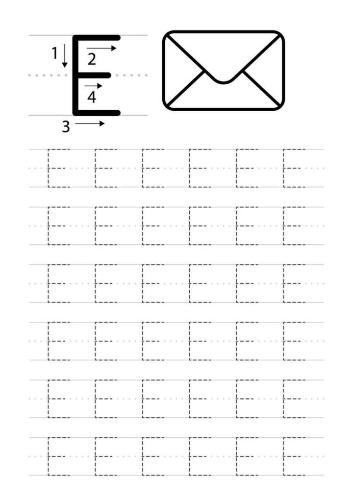 afdrukbare brief e alfabet traceren werkblad vector