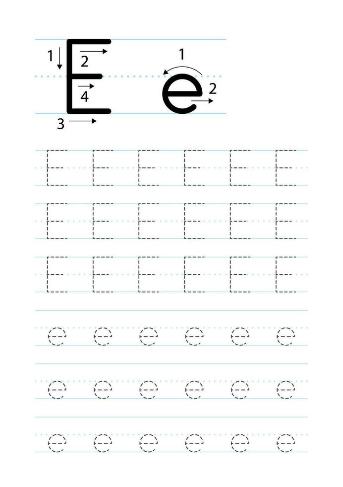 afdrukbare brief e alfabet traceren werkblad vector