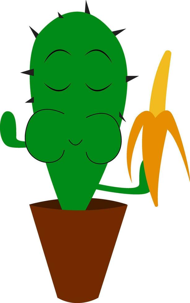 grappig clip art van een cactus fabriek emoji genieten van banaan net zo het houdt het in hand- vector kleur tekening of illustratie