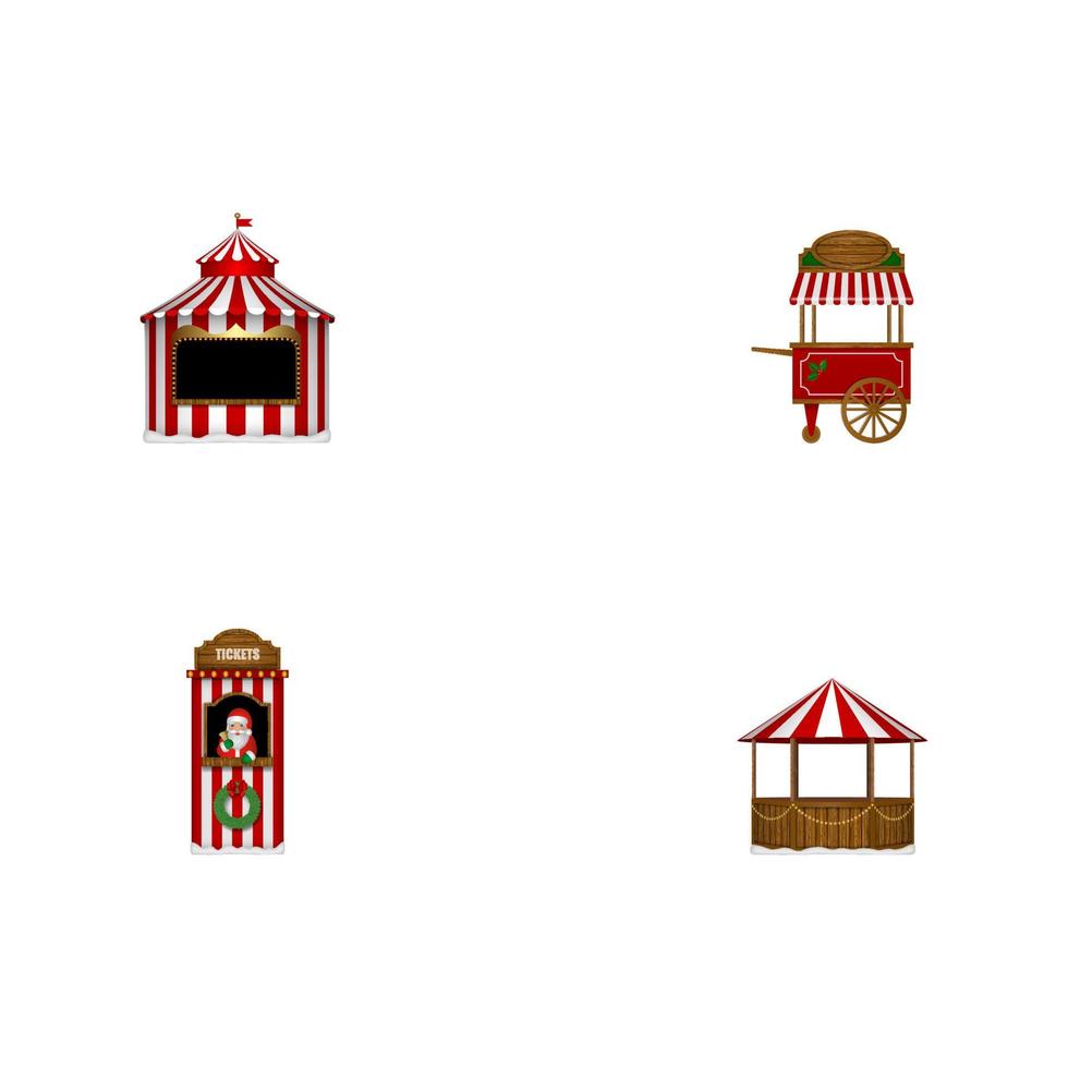 set van geïsoleerde kerst kraampjes. kaartjes kraam, markt en kermis stands vector