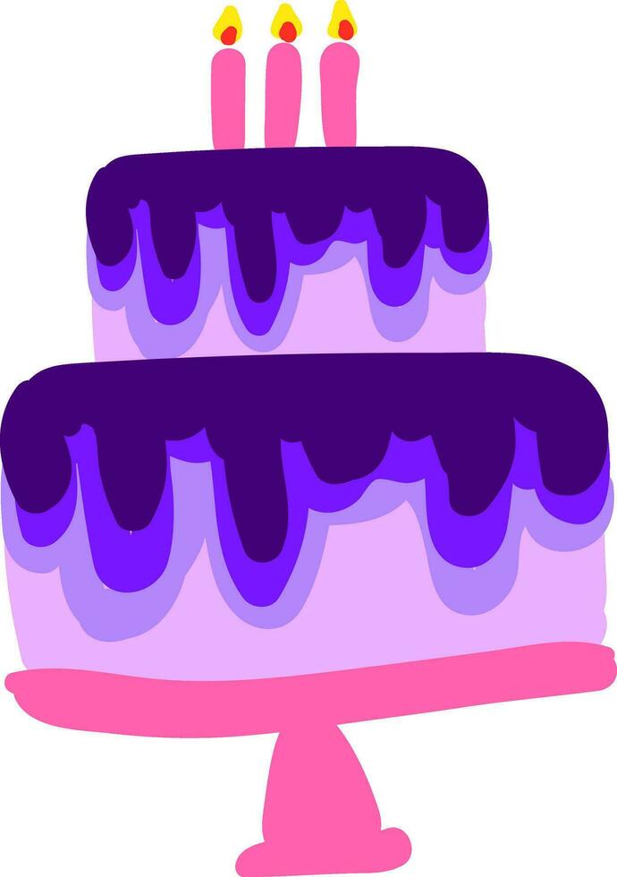 schilderij van een roze en Purper fondant taart met gloeiend kaarsen gemonteerd Aan een staan vector kleur tekening of illustratie