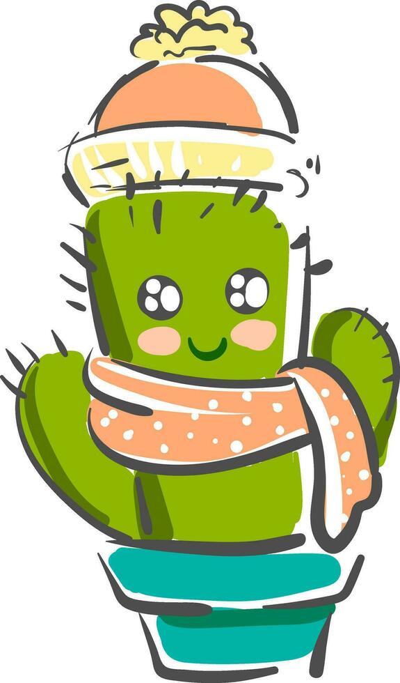 een schattig en gelukkig cactus fabriek emoji gedekt in winter kleren vector kleur tekening of illustratie