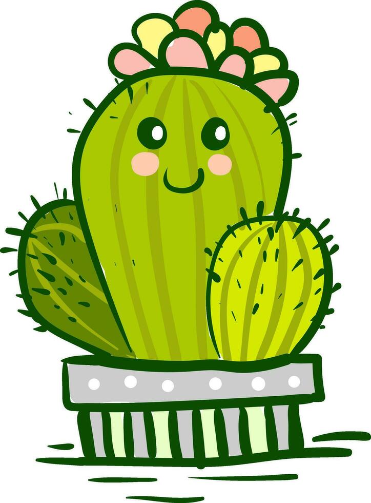 een prachtig versierd cactus fabriek emoji met bloem kroon vector kleur tekening of illustratie