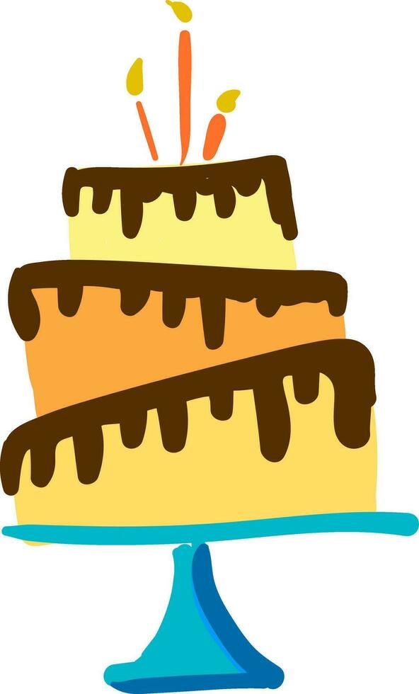een mooi drielaags verjaardag taart gedruppeld in chocola gemonteerd Aan een staan en met gloeiend kaarsen vector kleur tekening of illustratie