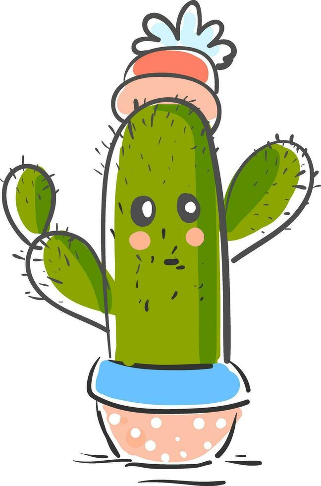 een groen cactus fabriek emoji met een bloem Bij haar top biedt extra stijl naar de sfeer vector kleur tekening of illustratie