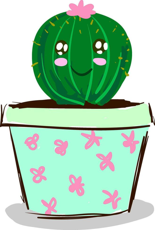 een gelukkig cactus fabriek emoji met roze bloem in een decoratief pot vector kleur tekening of illustratie