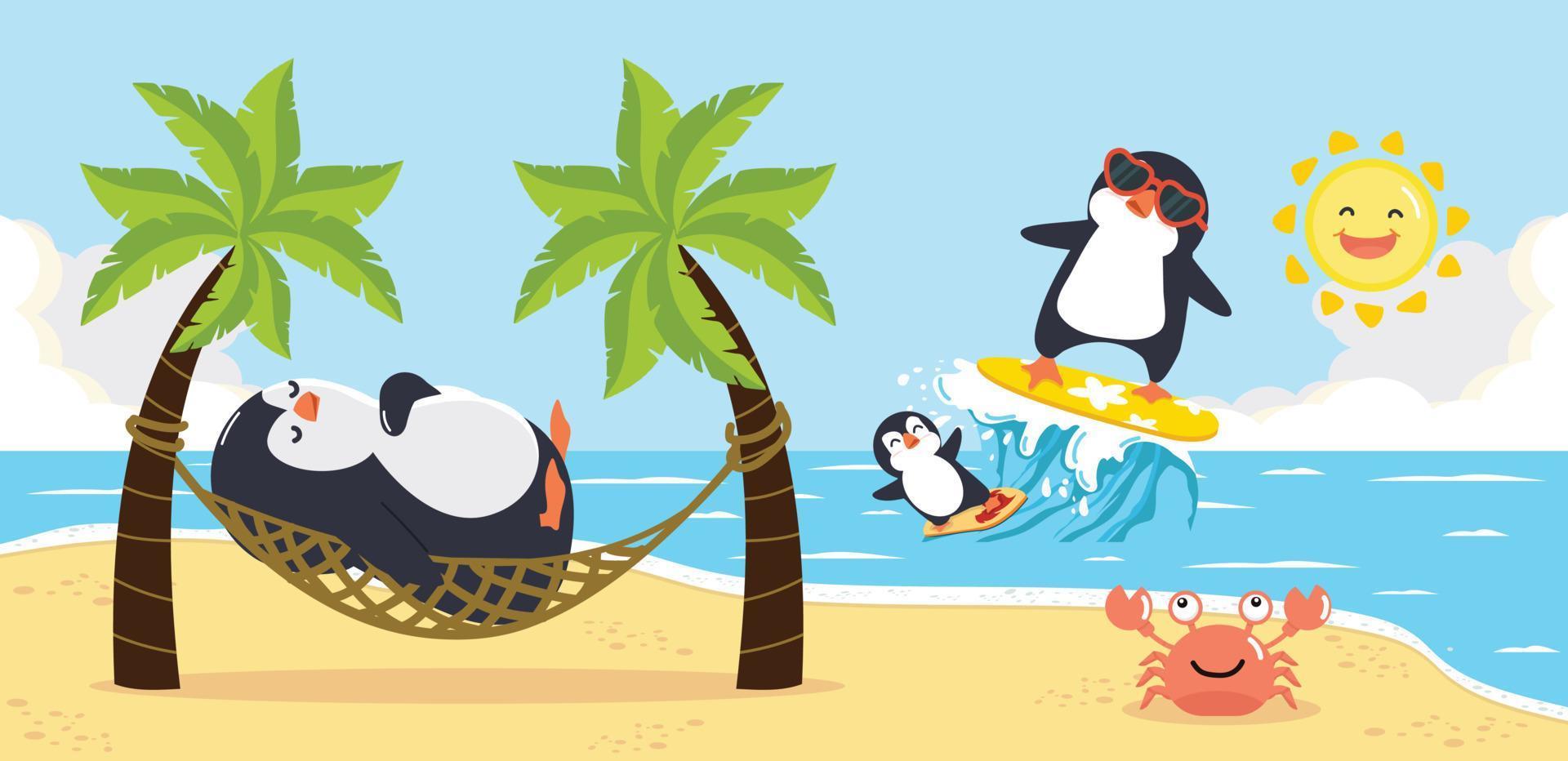 schattige pinguïn ontspannen met zomerse strandachtergrond vector