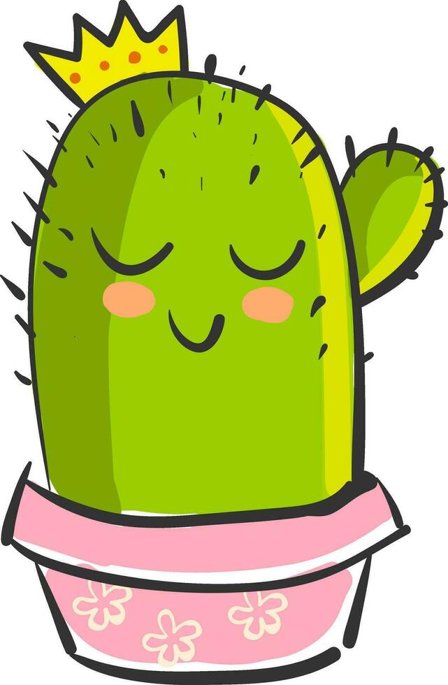 een schattig stekelig cactus fabriek emoji in een roze pot is glimlachen met ogen Gesloten en vervelend een geel kroon vector kleur tekening of illustratie