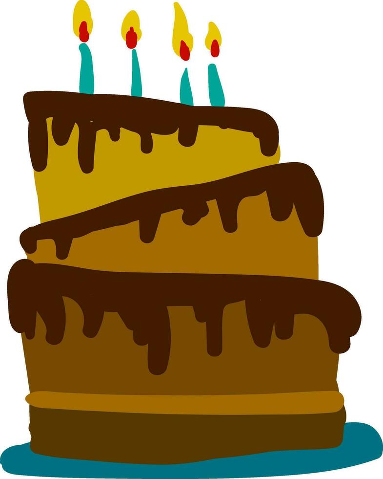 een drielaags donker chocola taart met gloeiend kaarsen vector kleur tekening of illustratie