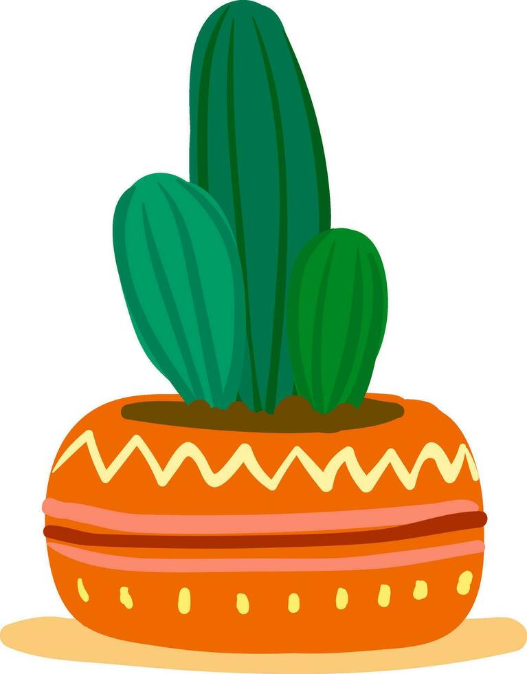 een versierd ronde aarden bloem pot met klein cactus planten biedt extra stijl naar de ruimte bezet vector kleur tekening of illustratie