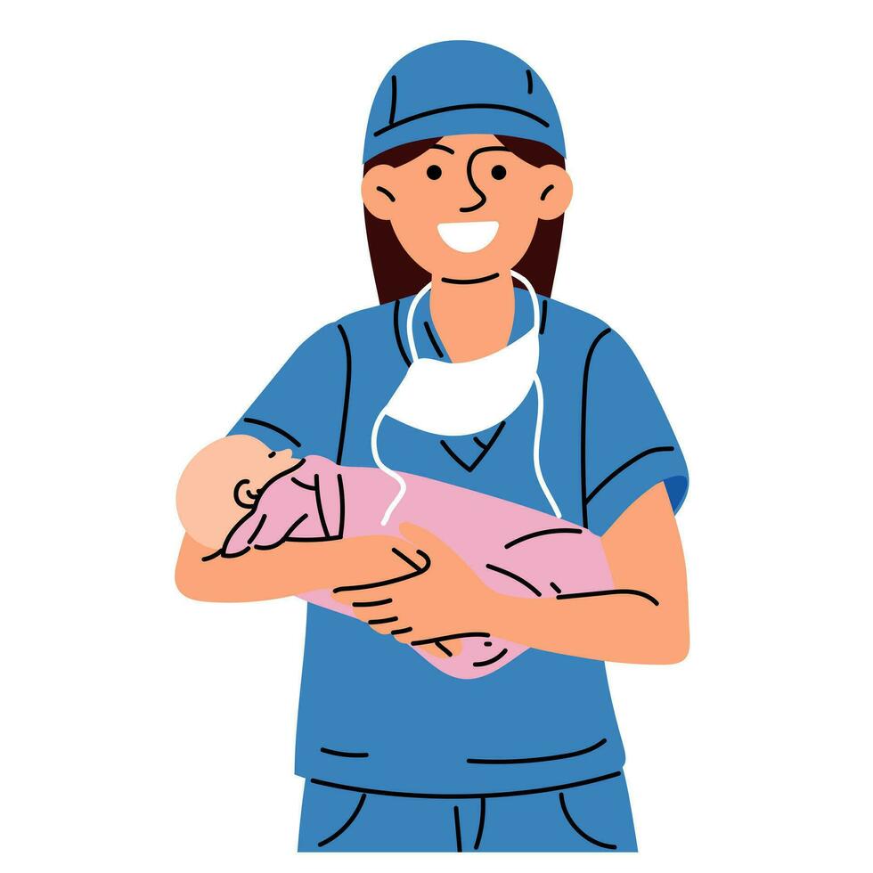 een verloskundige of een dokter met een pasgeboren. een vrouw verpleegster, dokter of verloskundige glimlacht in een blauw uniform, staand Holding een pasgeboren meisje in haar armen in een moederschap ziekenhuis vector illustratie. baby