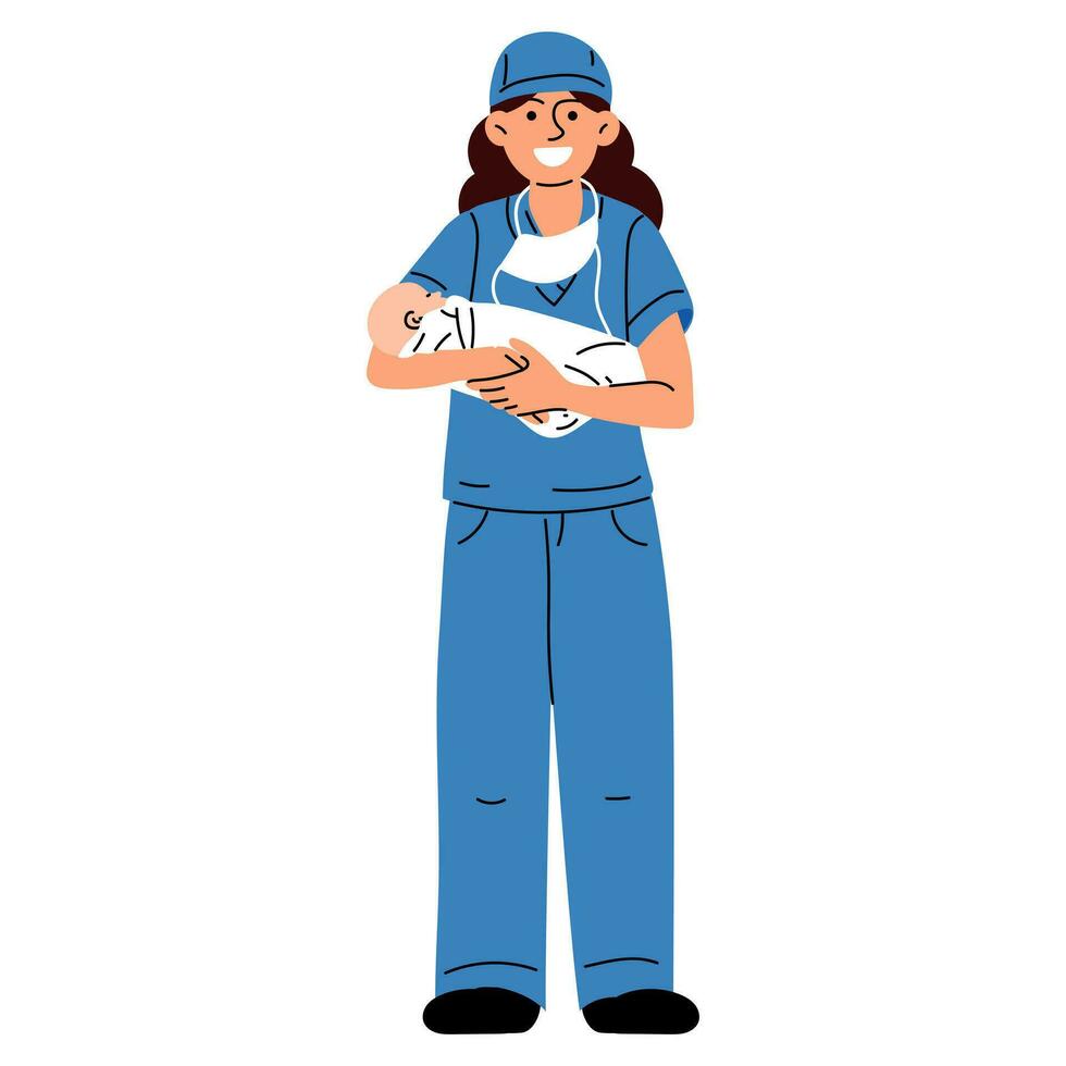 verloskundige, dokter met de concept van een pasgeboren. een vrouw verpleegster, dokter of verloskundige glimlacht in een blauw uniform, staand hoog, Holding een pasgeboren baby in haar armen in een moederschap ziekenhuis vector illustratie