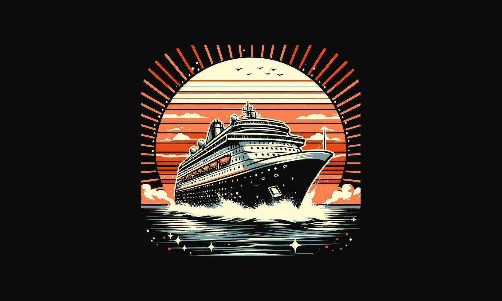 groot schip Aan zee zonsondergang vector artwork vlak ontwerp