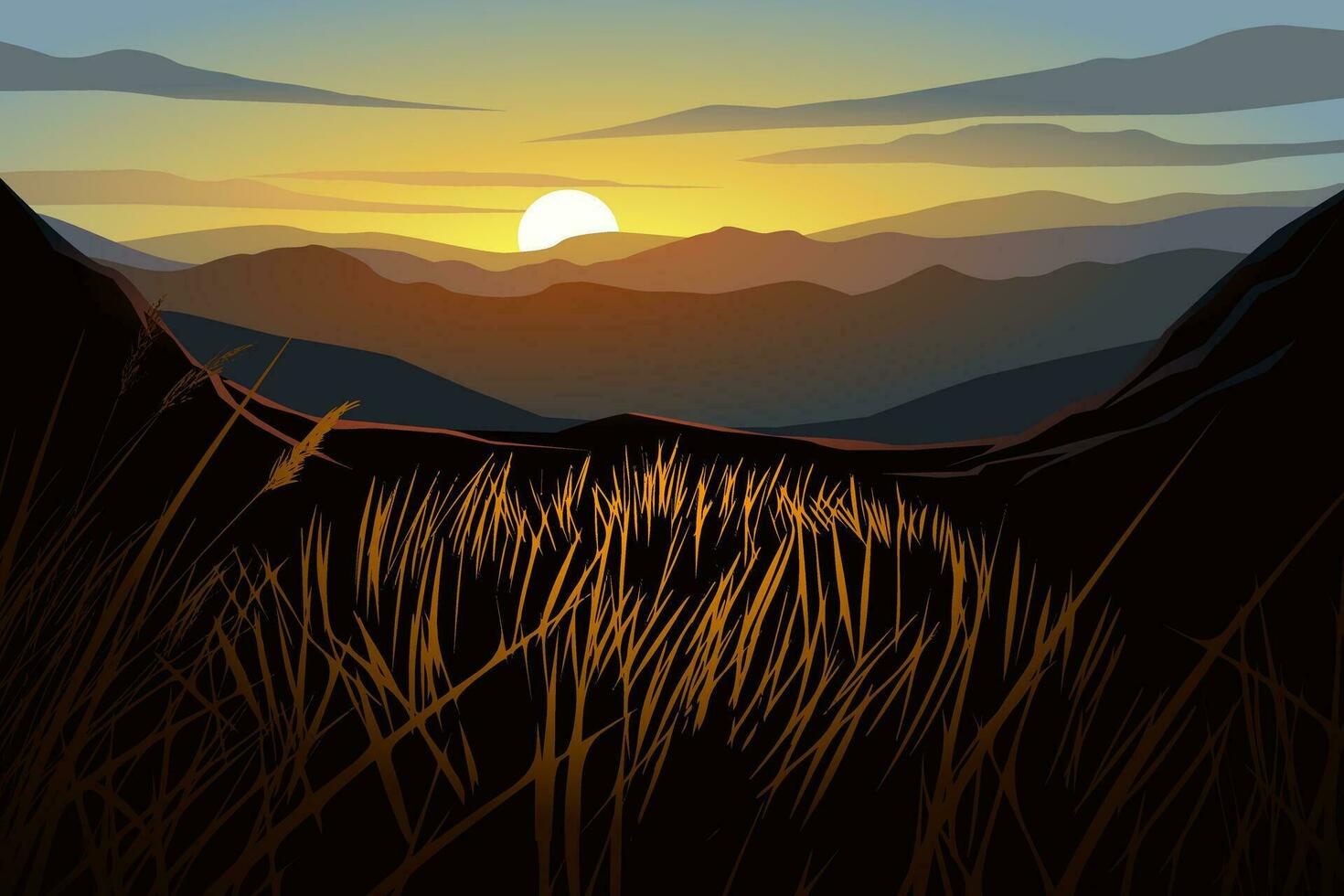 berg zonsondergang landschap met gras Aan de heuvel vector