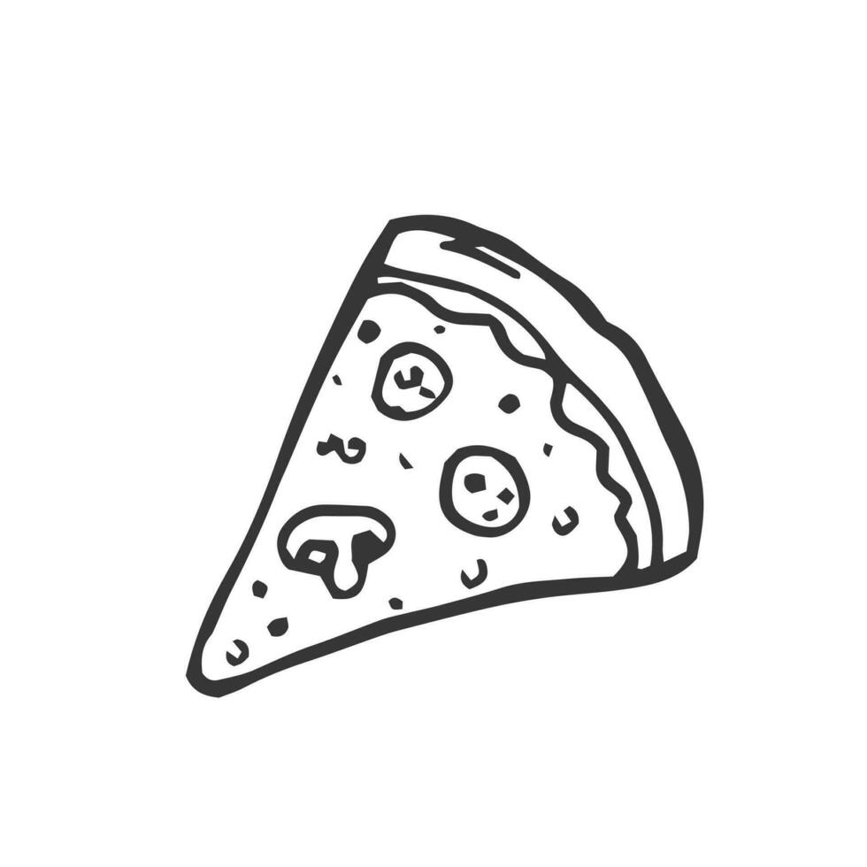 vector illustratie. pizza plak met gesmolten kaas en peperoni. hand- getrokken tekening. tekenfilm schetsen.