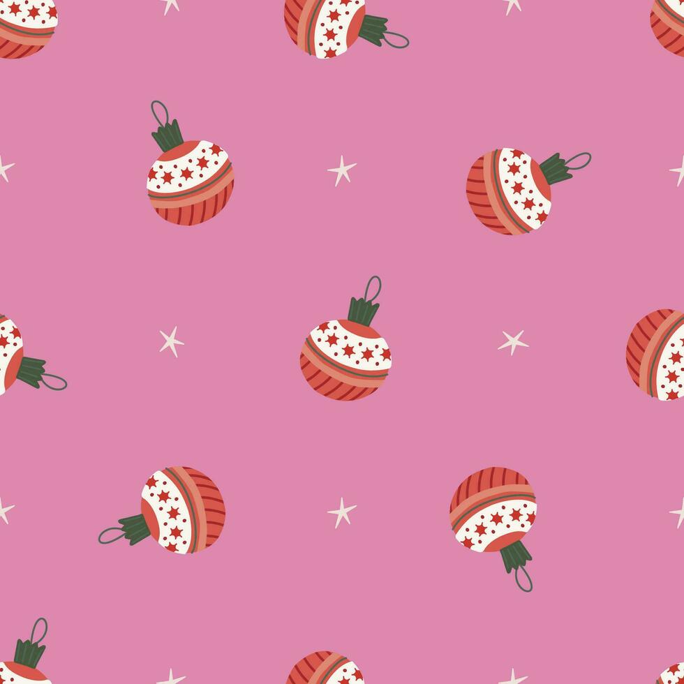 Kerstmis ballen met sterren naadloos patroon. Kerstmis en nieuw jaar concept. hand- getrokken roze y2k vector structuur voor behang, afdrukken, inpakken, textiel