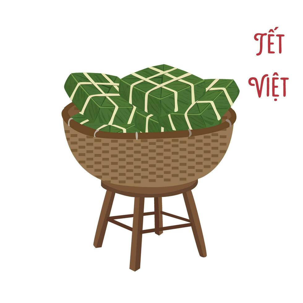 chung taart vector set. chung taart Aan bamboe mand. Vietnamees keuken. Vietnamees traditioneel nieuw jaar. plein kleverig rijst- gevuld in groen bladeren. banh chung. gelukkig tet vakantie. tet voedsel.