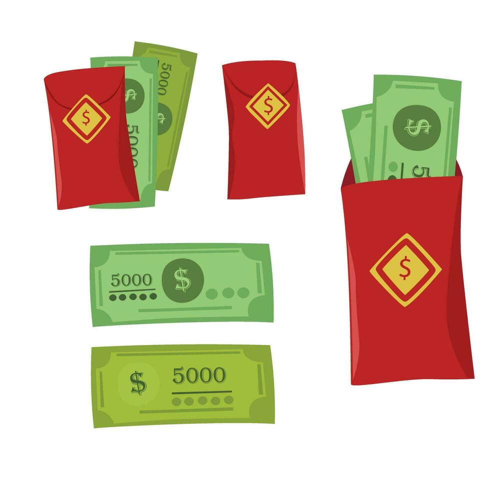 Lucky geld vector set. Lucky geld in rood envelop in nieuw jaar dagen. Chinese nieuw jaar concept. vlak vector in tekenfilm stijl geïsoleerd Aan wit achtergrond.