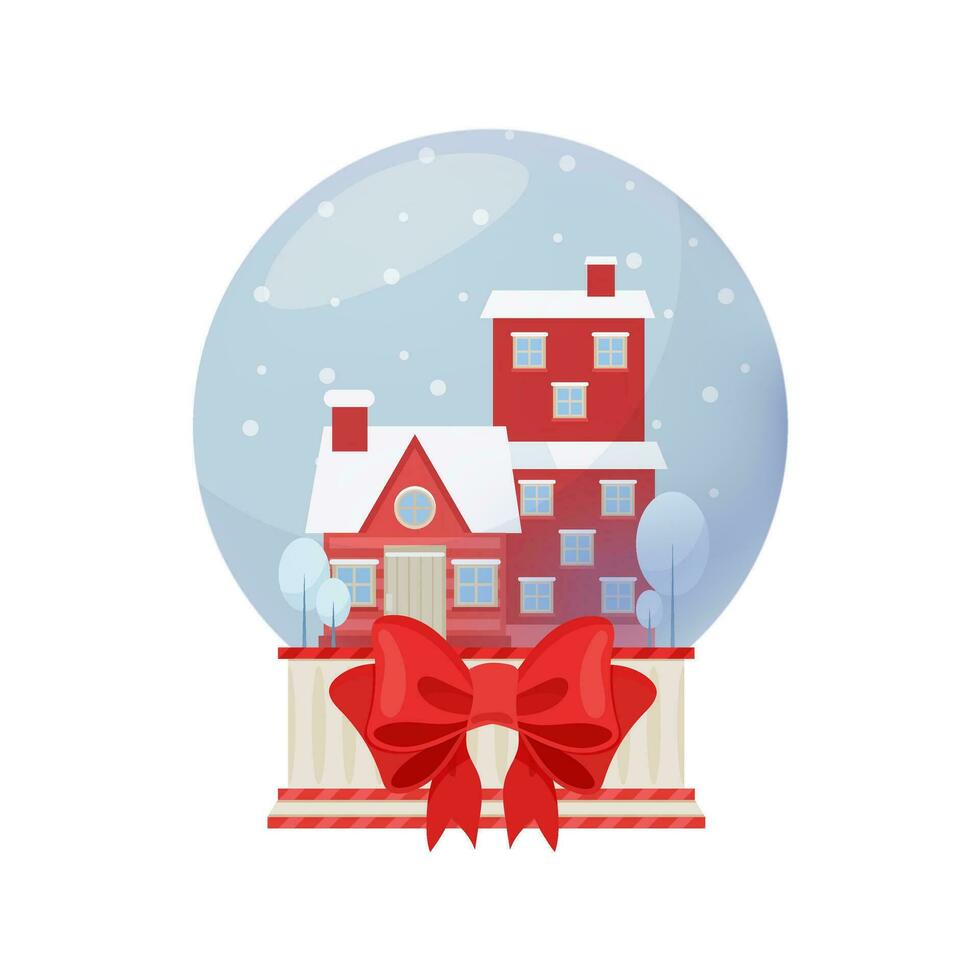 Kerstmis sneeuw wereldbol met winter samenstelling in vlak stijl met decoratief rood boog. feestelijk decoratief element voor uw ontwerp. vector