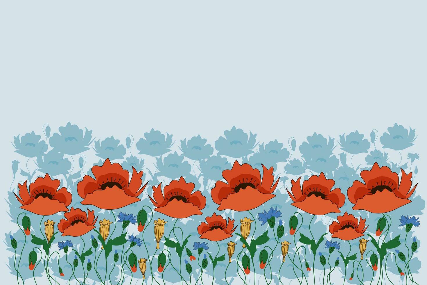 bloeiend weide bloemen klaprozen en korenbloemen met bloemknoppen Aan een licht blauw achtergrond. rechthoekig vector bloemen achtergrond met plaats voor tekst voor banners en achtergronden
