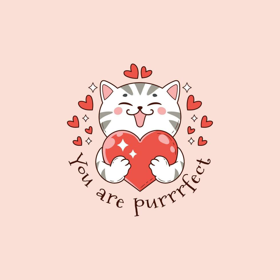 aanbiddelijk illustratie van kat Holding een hart, aanbiddelijk wit kat voor Valentijnsdag dag vector