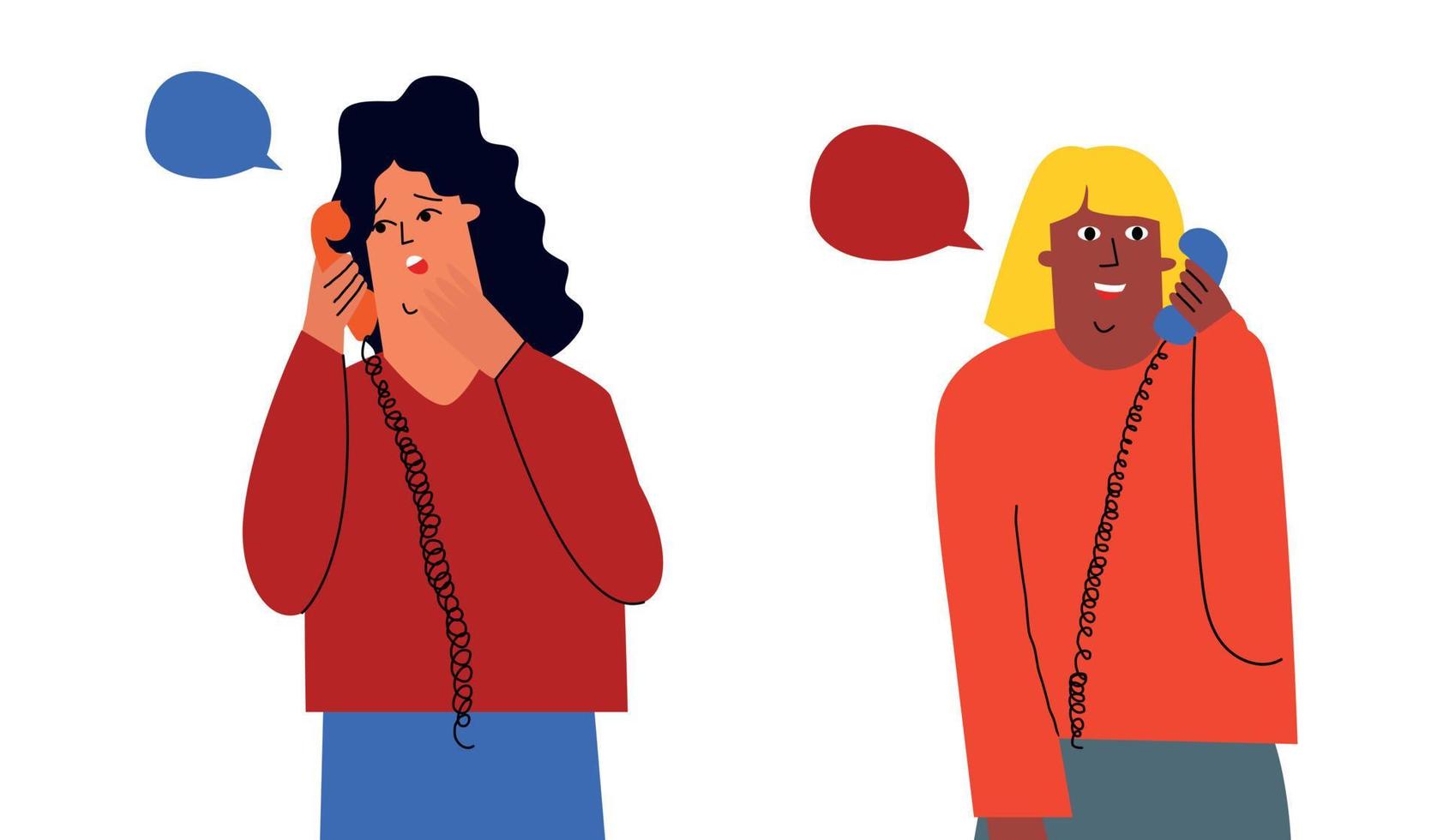 twee vrienden praten aan de telefoon. roddels, discussies aan de telefoon. nieuws bespreken tussen vrienden vector