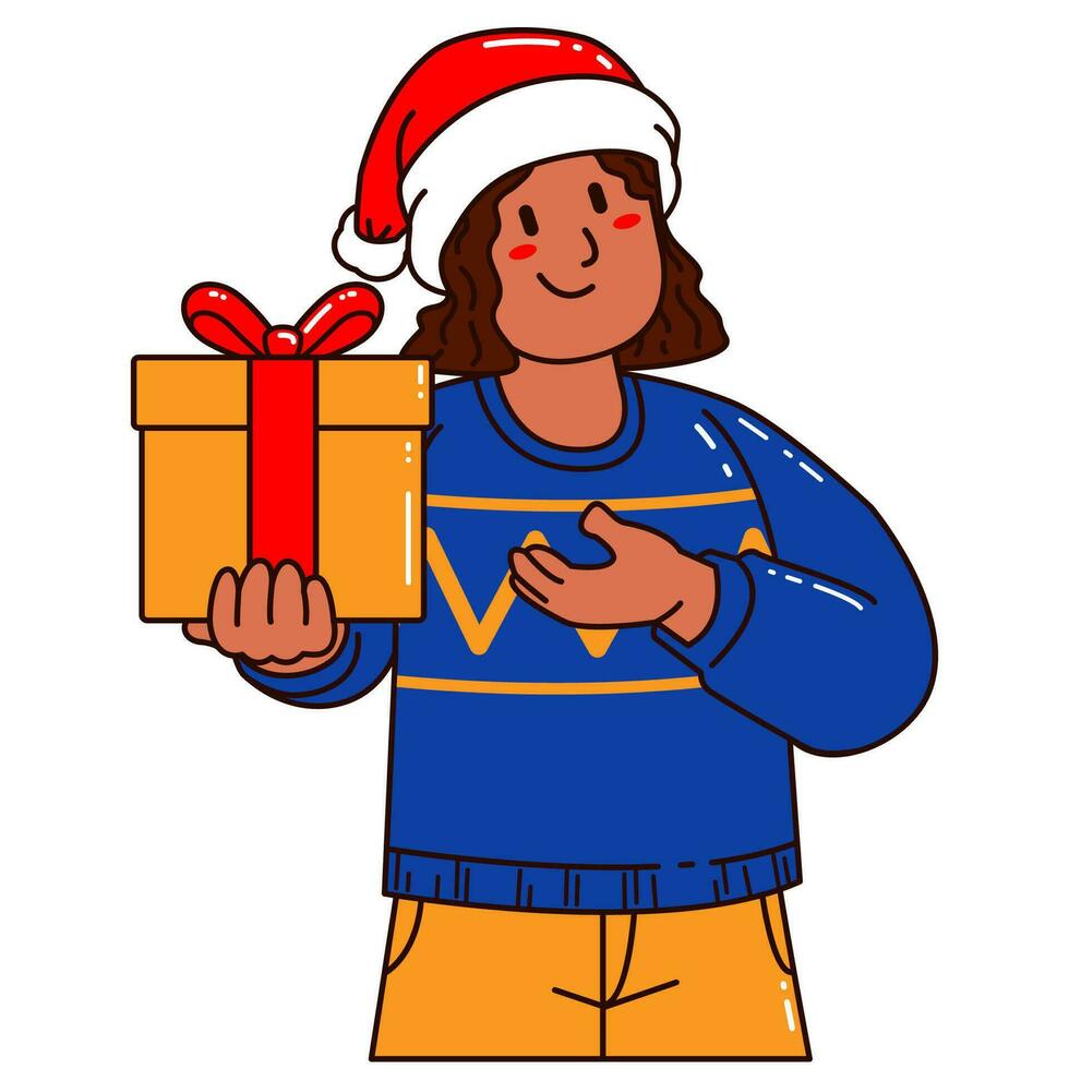 meisje in een de kerstman claus hoed Holding een geschenk doos vector