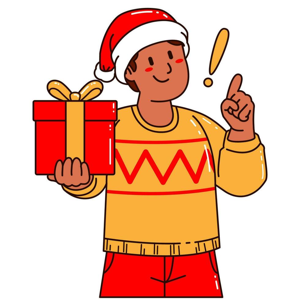 jongen in een de kerstman claus hoed Holding een geschenk doos vector