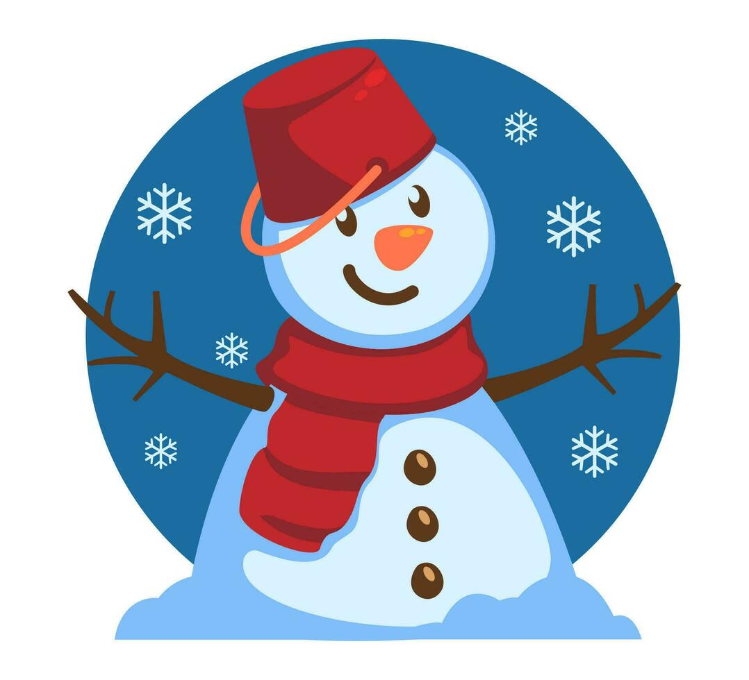schattig sneeuwman met een sjaal en een emmer Aan zijn hoofd vector