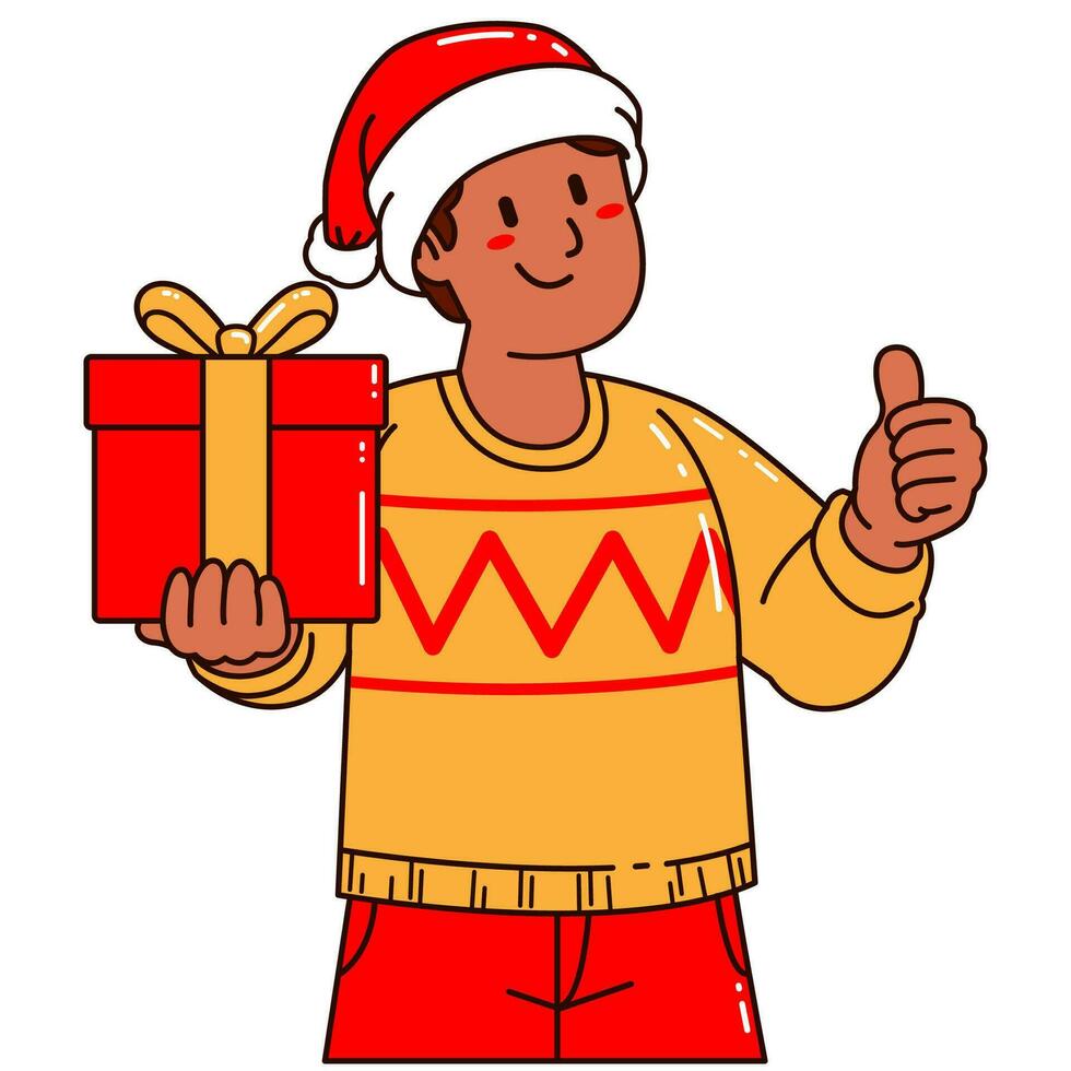 jongen in een de kerstman claus hoed Holding een geschenk doos vector