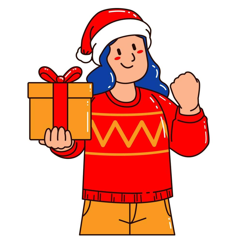 vrouw in een de kerstman claus hoed Holding een geschenk doos vector