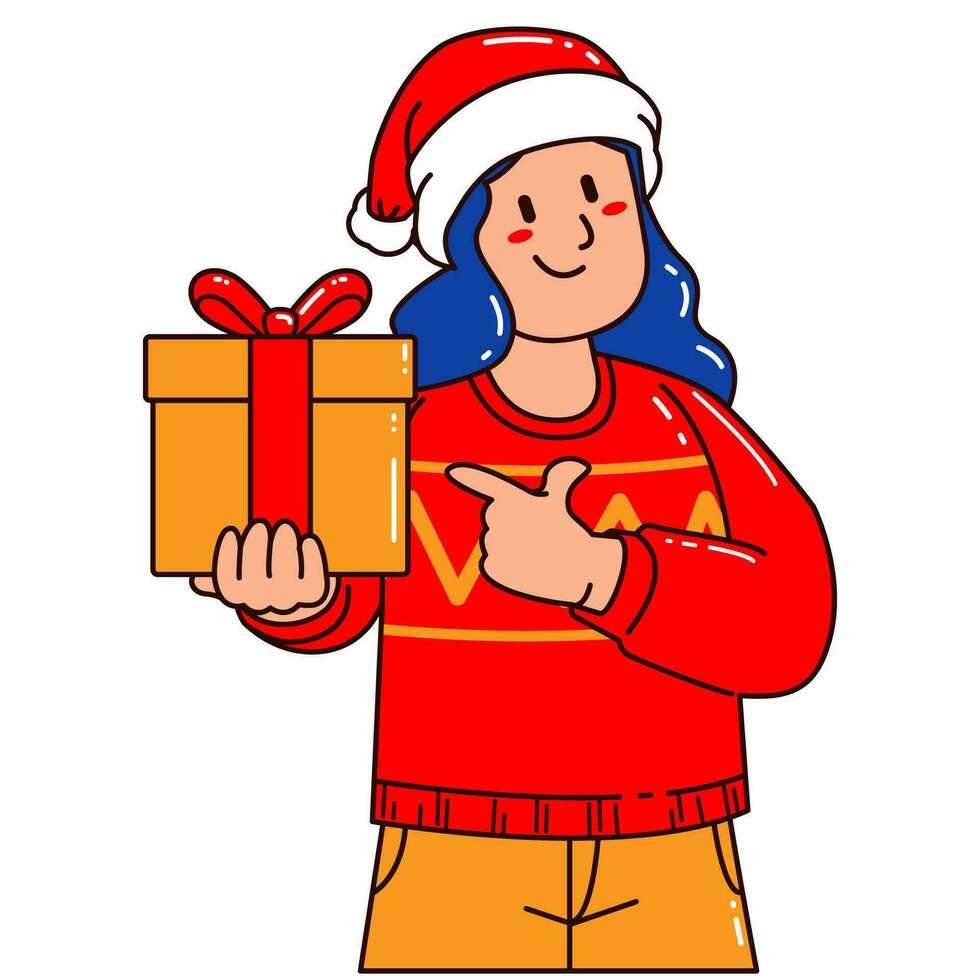 vrouw in een de kerstman claus hoed Holding een geschenk doos vector