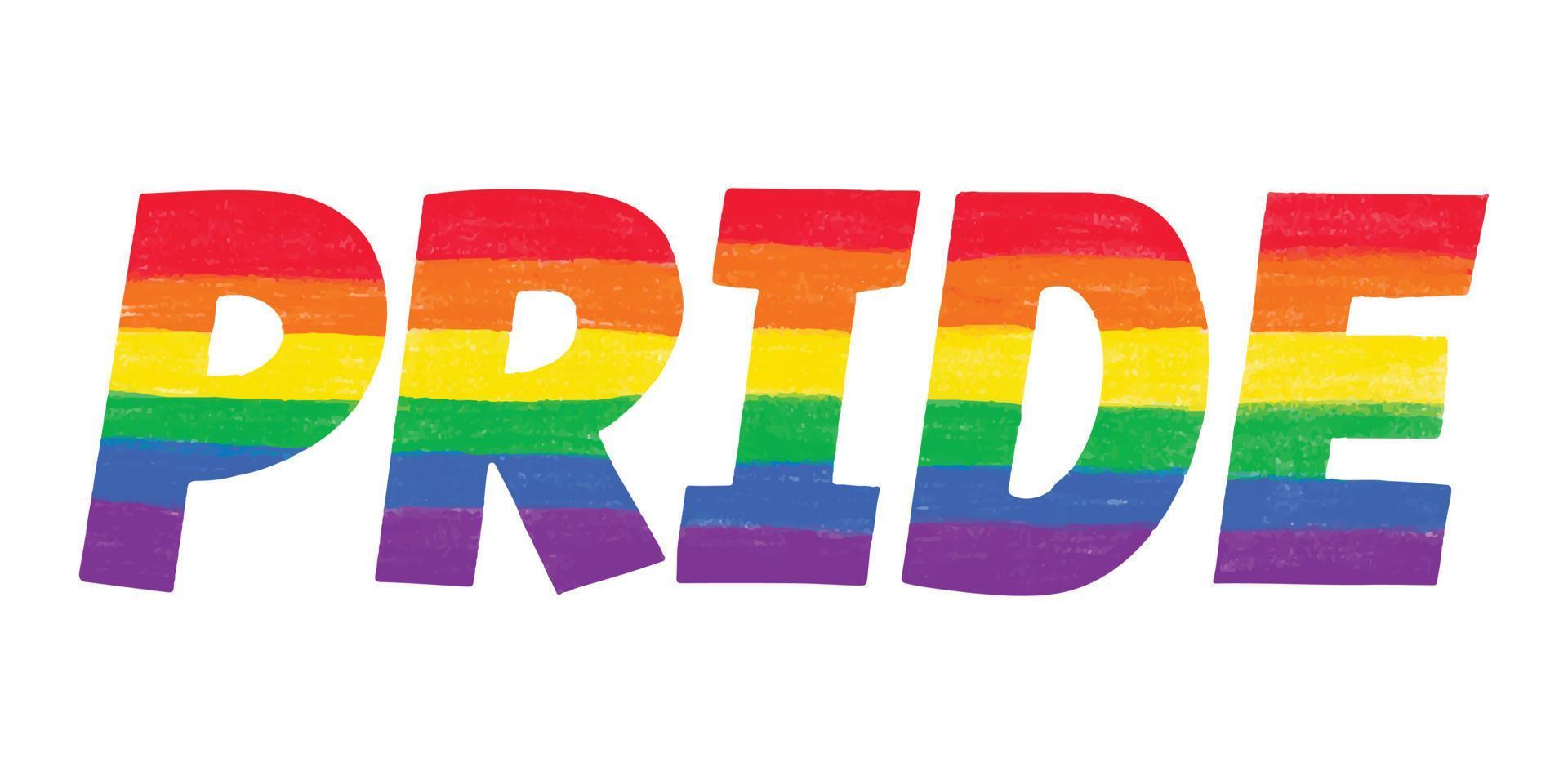 woord trots gekleurd in regenboog lgbtq gay pride vlagkleuren. vector belettering voor lgbt geschiedenis maand potlood krijt getextureerde geïsoleerd. liefde is liefde concept