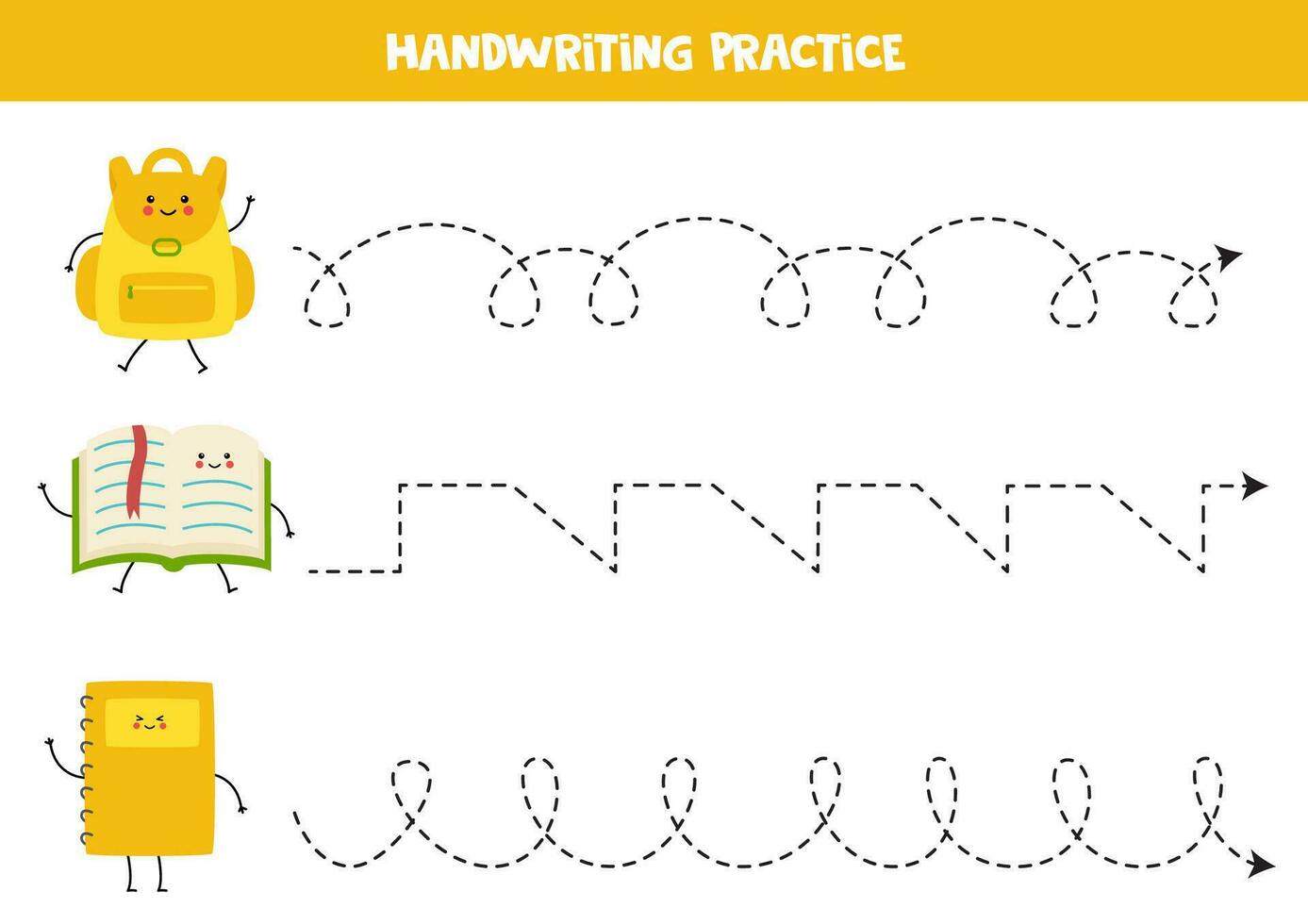 traceren lijnen voor kinderen. schattig tekenfilm kawaii school- benodigdheden. handschrift oefening. vector