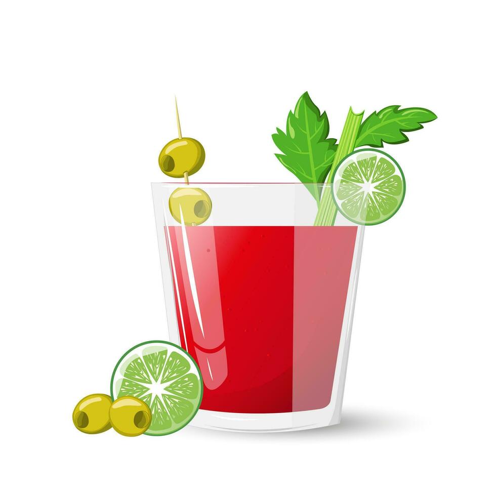 glas van bloederig Maria cocktail met selderij, olijven en limoen geïsoleerd Aan wit. in tekenfilm stijl. voor menu, cocktail kaarten.vector illustratie vector