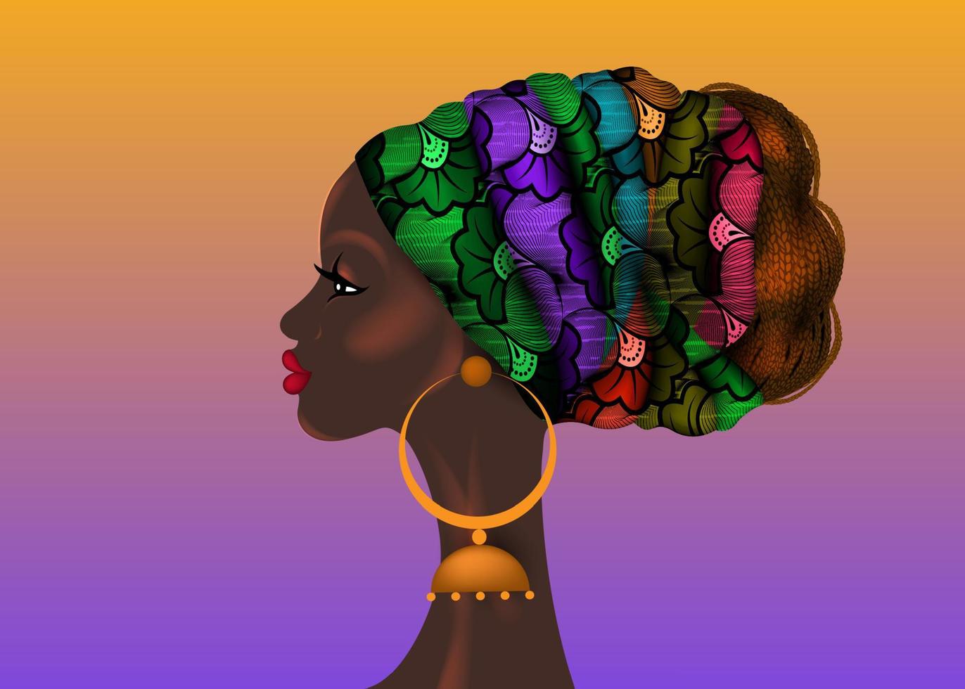 afro kapsel, mooi portret afrikaanse vrouw in wax print stof tulband, diversiteit concept. zwarte koningin, etnische hoofdband voor afro-vlechten en kinky krullend haar vector geïsoleerd op kleurrijke achtergrond