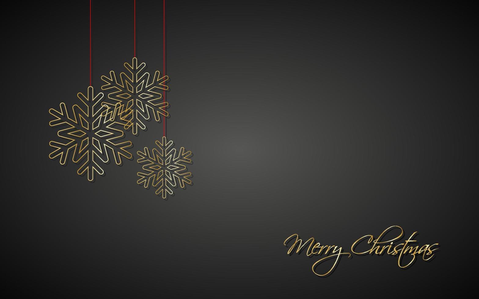 drie gouden kerstballen met rode snaren op zwarte achtergrond. vakantiegroetkaart met vrolijk kerstmisteken vector