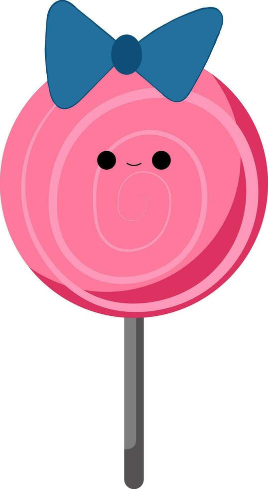 roze kleur lolly met smiley met zwart stok, blauw boog, vector of kleur illustratie.