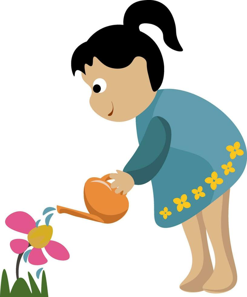 portret van een klein meisje gieter de bloemen in de tuin vector of kleur illustratie