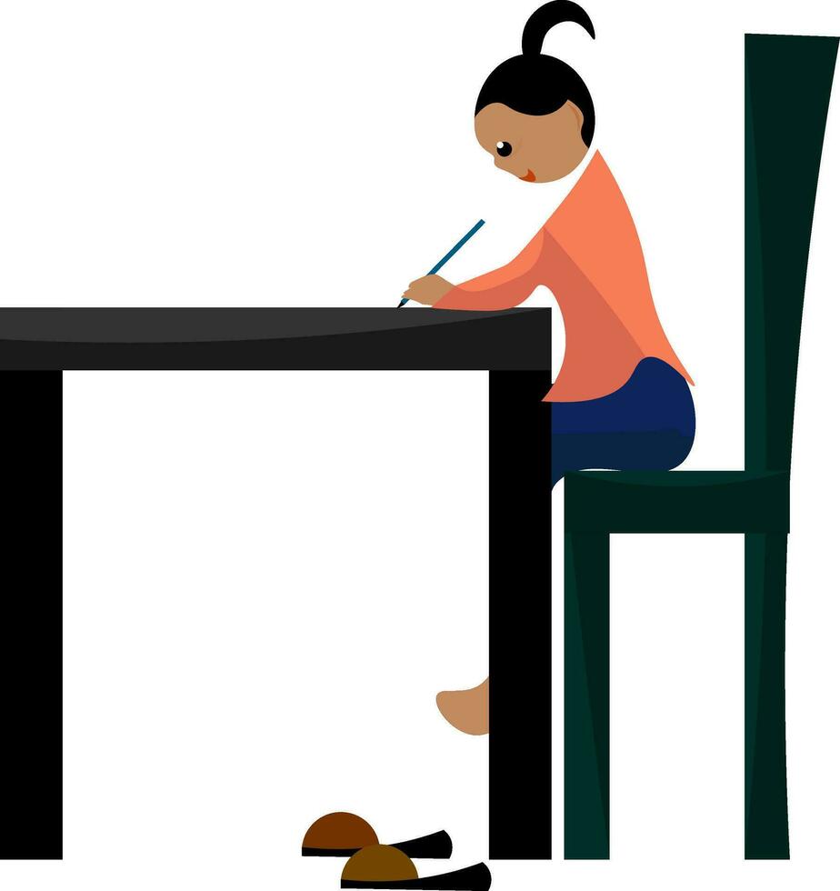 clip art van een meisje gezeten in lang stoel van de studie tafel en schrijven vector of kleur illustratie